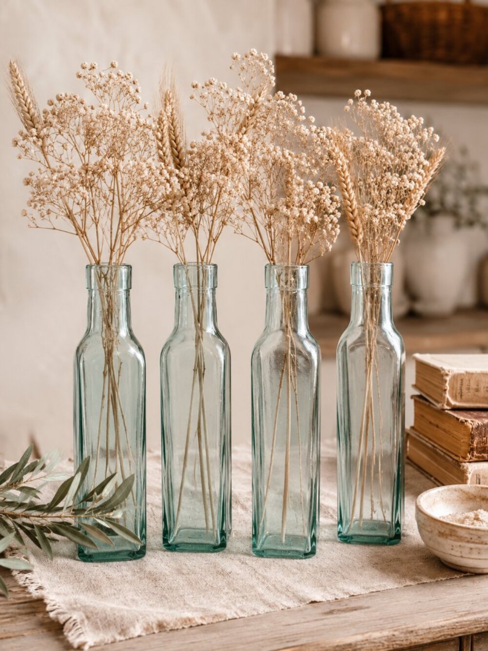 Vintage Blue Tint Glass Bottles Set of 4 Apothecary Kitchen Decor Lot Farmhouse